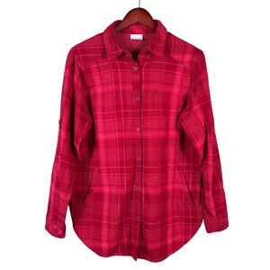 Columbia Womens Large Red Pink Plaid Cotton Button Up Roll Tab Long Sleeve Shirt